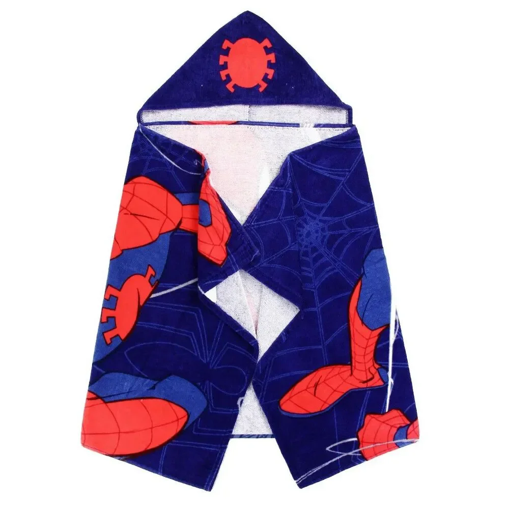 Marvel Spider-Man Kids Bath Hooded Towel Wrap 51x22 Cotton Bright Red Navy Blue